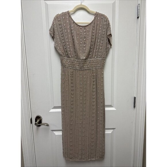 Mac Duggal Size 8 Beige 93649 Beaded Cap Sleeve Column Gown Midi Dress $498 New - Picture 8 of 14